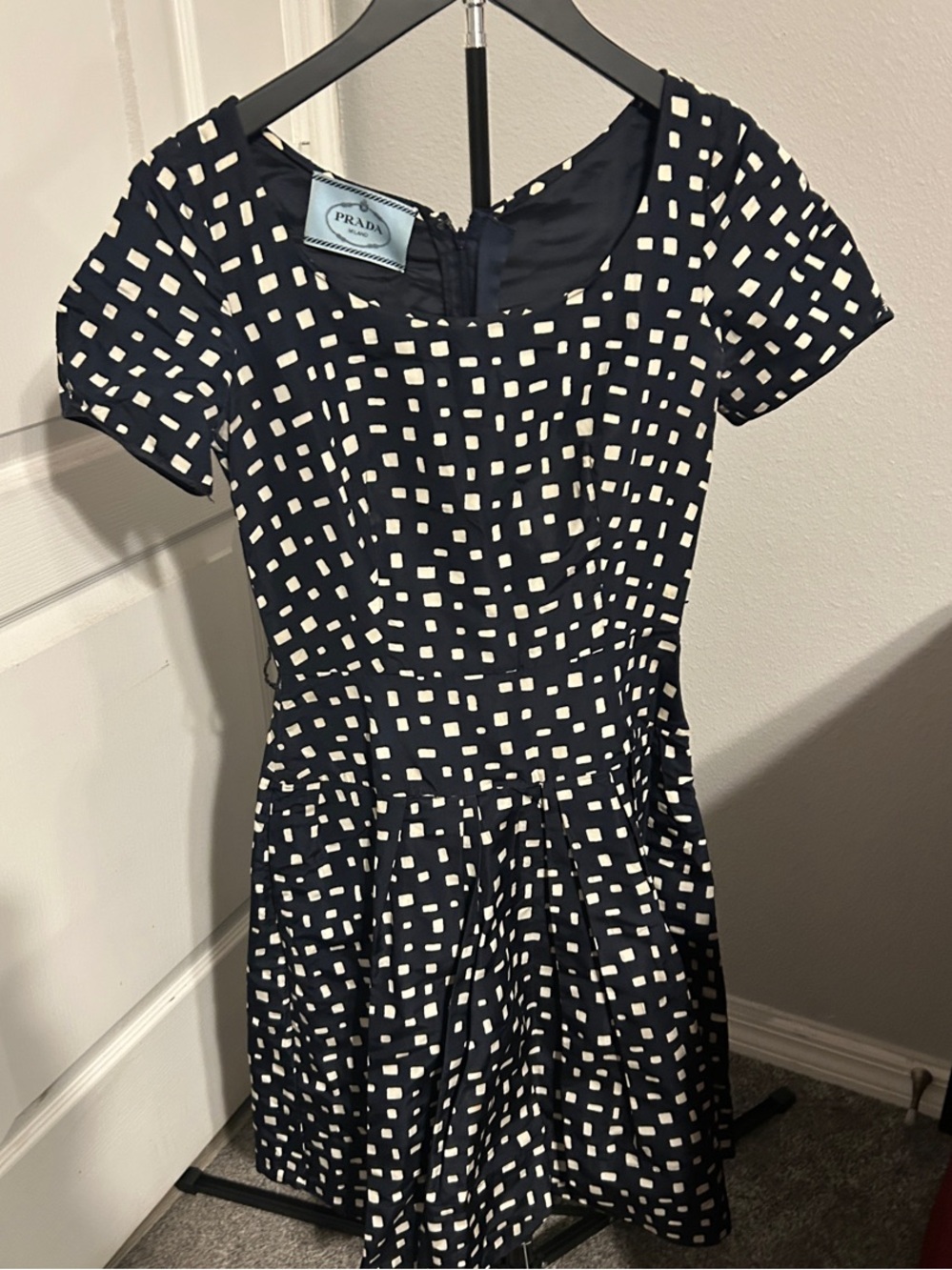 Prada Navy and White Square-Print Fit-and-Flare Dress